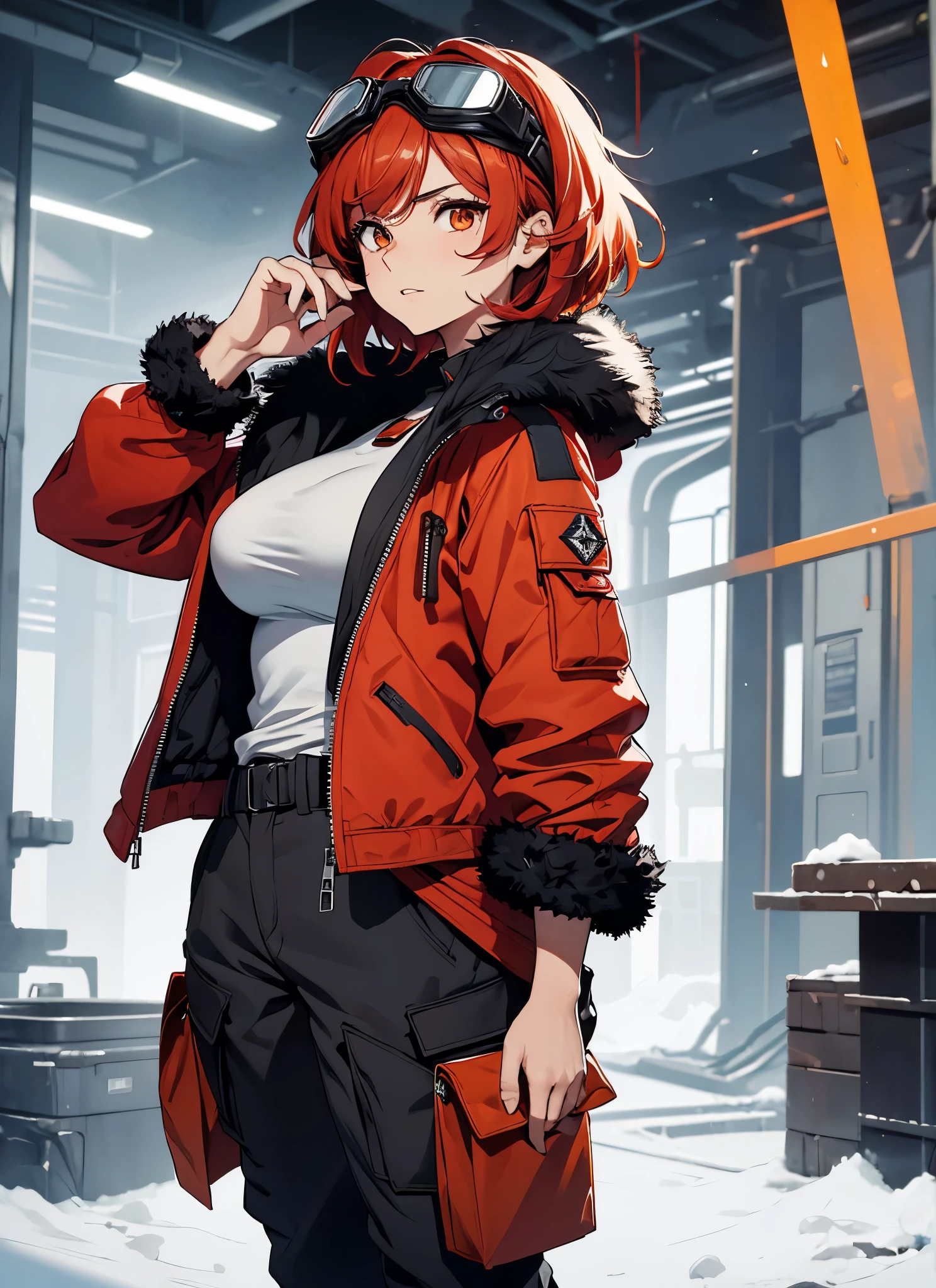best quality, ultra-high resolution, depth of field:1.2), solo, adult, 1woman, toned body, big breasts, wide hips,front view, perfect face, portrait, expressive eyes, Female, girl with (goggles on head:1.2) female, meduim breasts,lady_nagant, short hair, red hair,orange eyes,red jacket with black details, ( white fur jacket: 1.2),winter clothes, white t-shirt, ((gray baggy cargo pants)), black military boots ((small details in red))