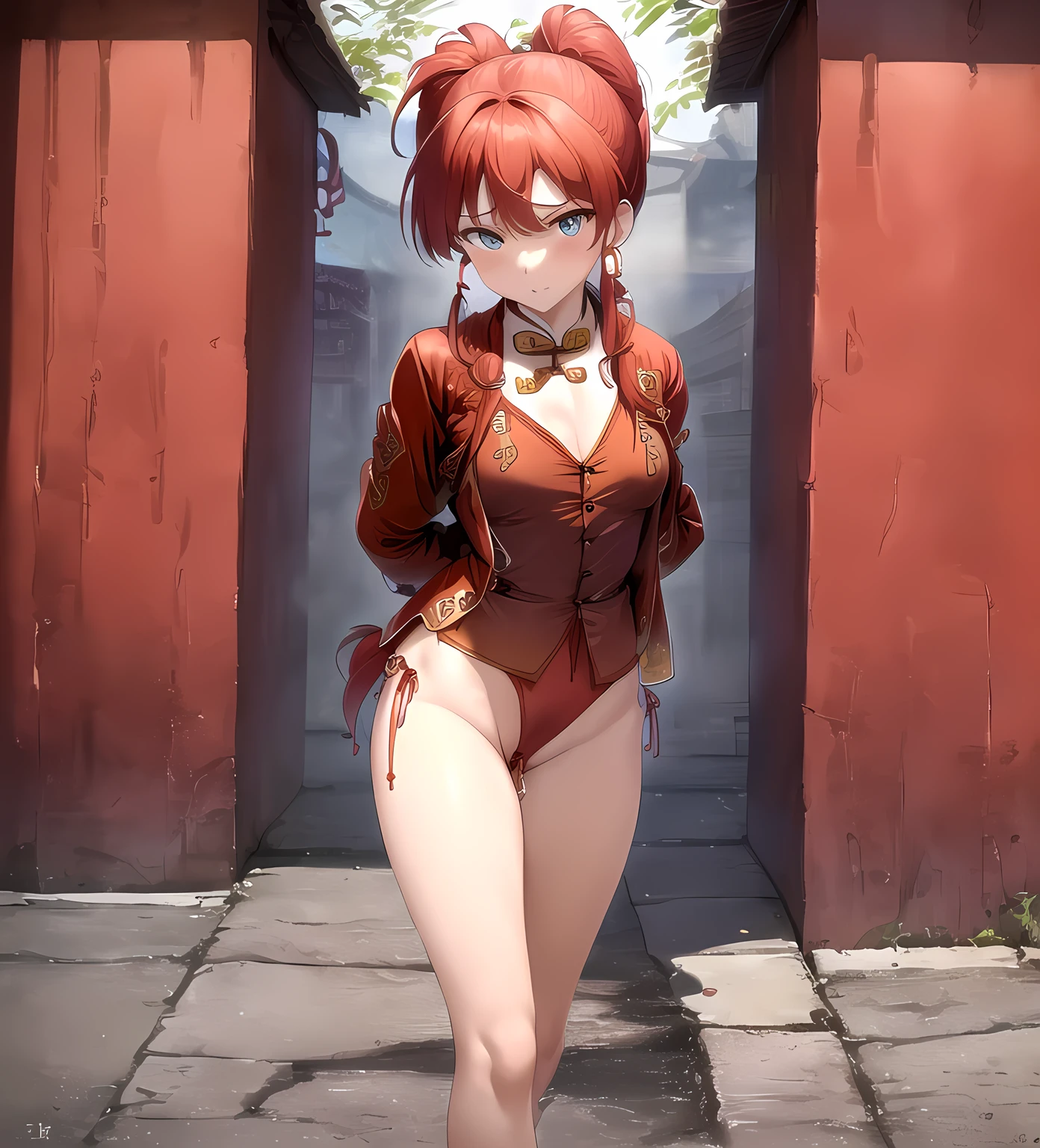 1 Beautiful Girl, Ranma, Braided Ponytail, Redhead, (chinese garment:1.4), Ranma Chan, (Red Chinese Lucky Jacket:1.7), 15-year-old girl, (blush), masterpiece, highest quality, High resolution, (40 year old mafia man, penis:1.4), Perfect limbs, ((((penis enters vagina)))), behind, Spread your legs, Beautiful depiction of the vagina, ((Binding, Arms behind your back:1.47)), ((Restrained by rope)), Beautiful girl fucks a guy