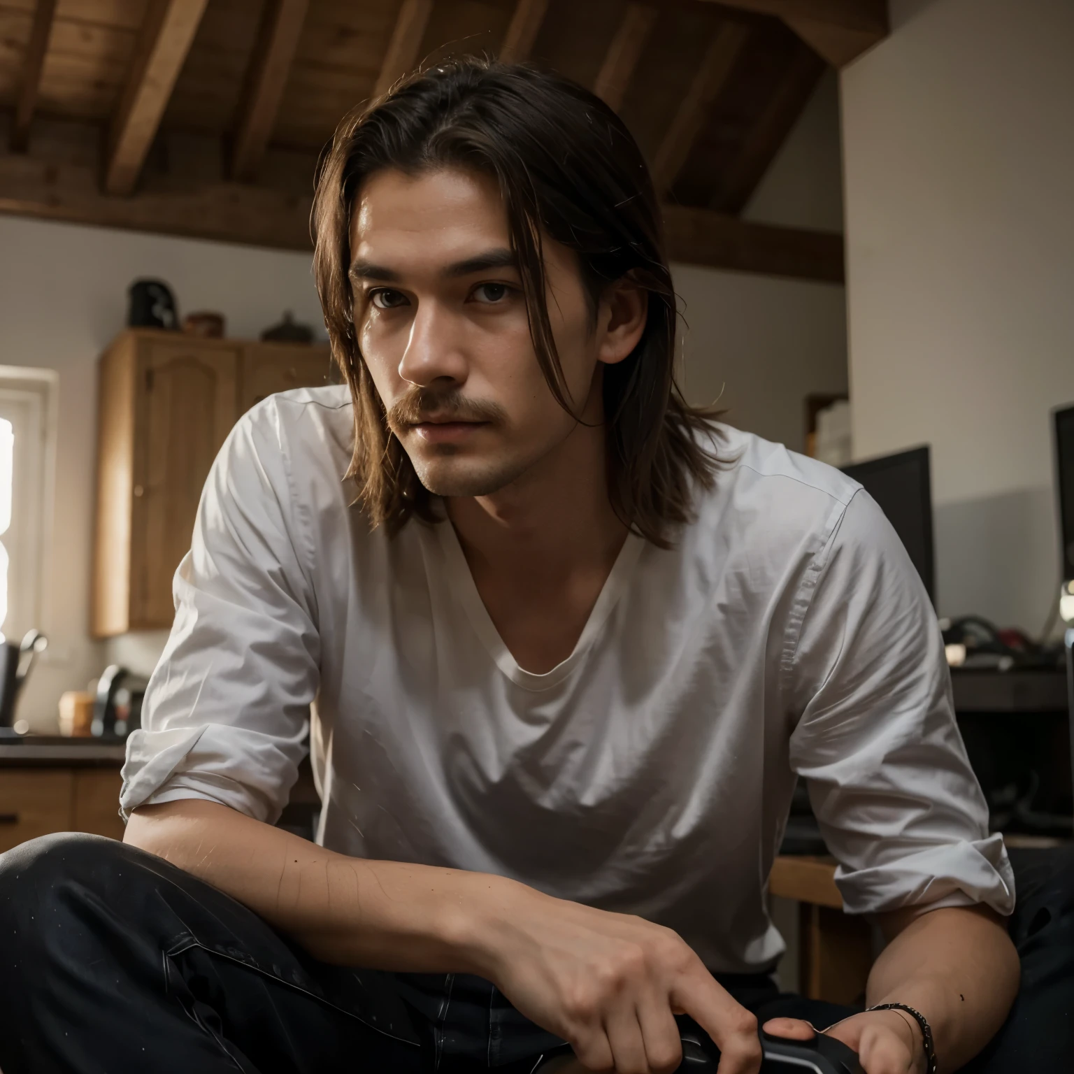 erstelle ein bild mit einem jungen vietnamesen 18 jahre alt. he has slightly shorter hair that goes forward and a very light moustache that is barely visible. das besondere ist er beschmiert sich mit kacke. neben ihm liegt ein eimer kacke und er sitz zuhause vor seinem gaming set up