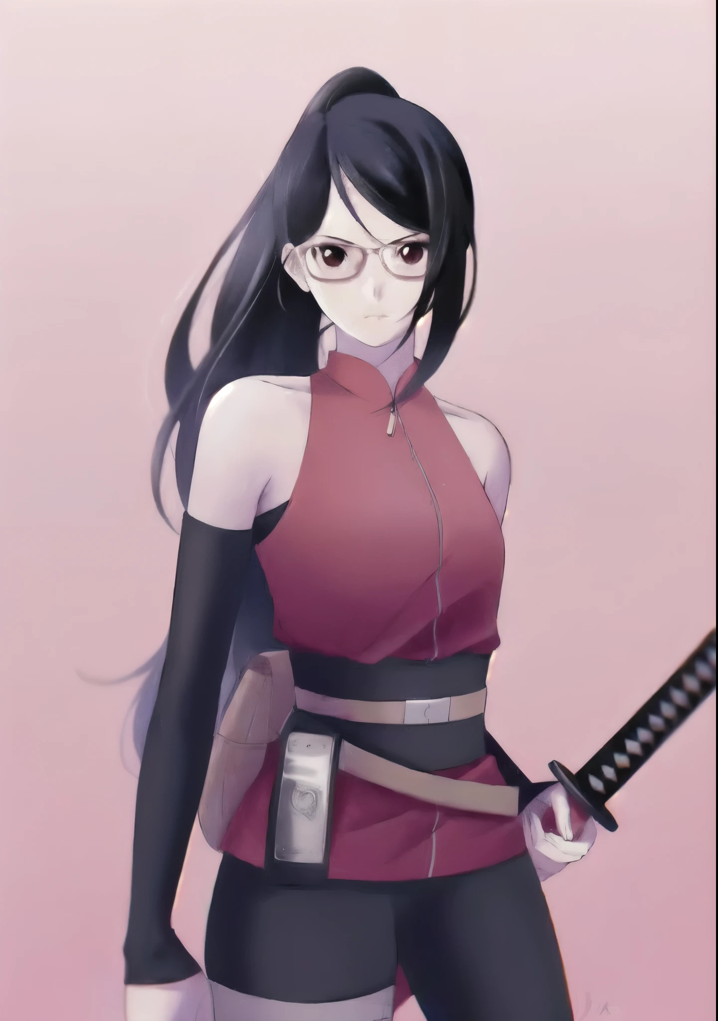 (best quality, realistic, ultra-detailed), beautiful woman in red top, detailed eyes and lips, holding a katana sword, pink background, sweat dripping, vibrant colors, realistic lighting, real human
