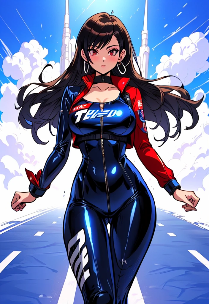 (a cartoon picture of a solo woman in a blue latex suit inspired by: nico robin, tifa lockhart, marin kitagawa fanart, hinata hyuga, mayuri shiina, character from king of fighters, drawn like the anime speed racer), seductive anime girl,  thicc, biomechanical oppai, on a racetrack, oppai, wearing tight suit, cyberpunk racetrack, (illustration inpired by : f zero, redline, wipeout, speed racer and king of fighters)