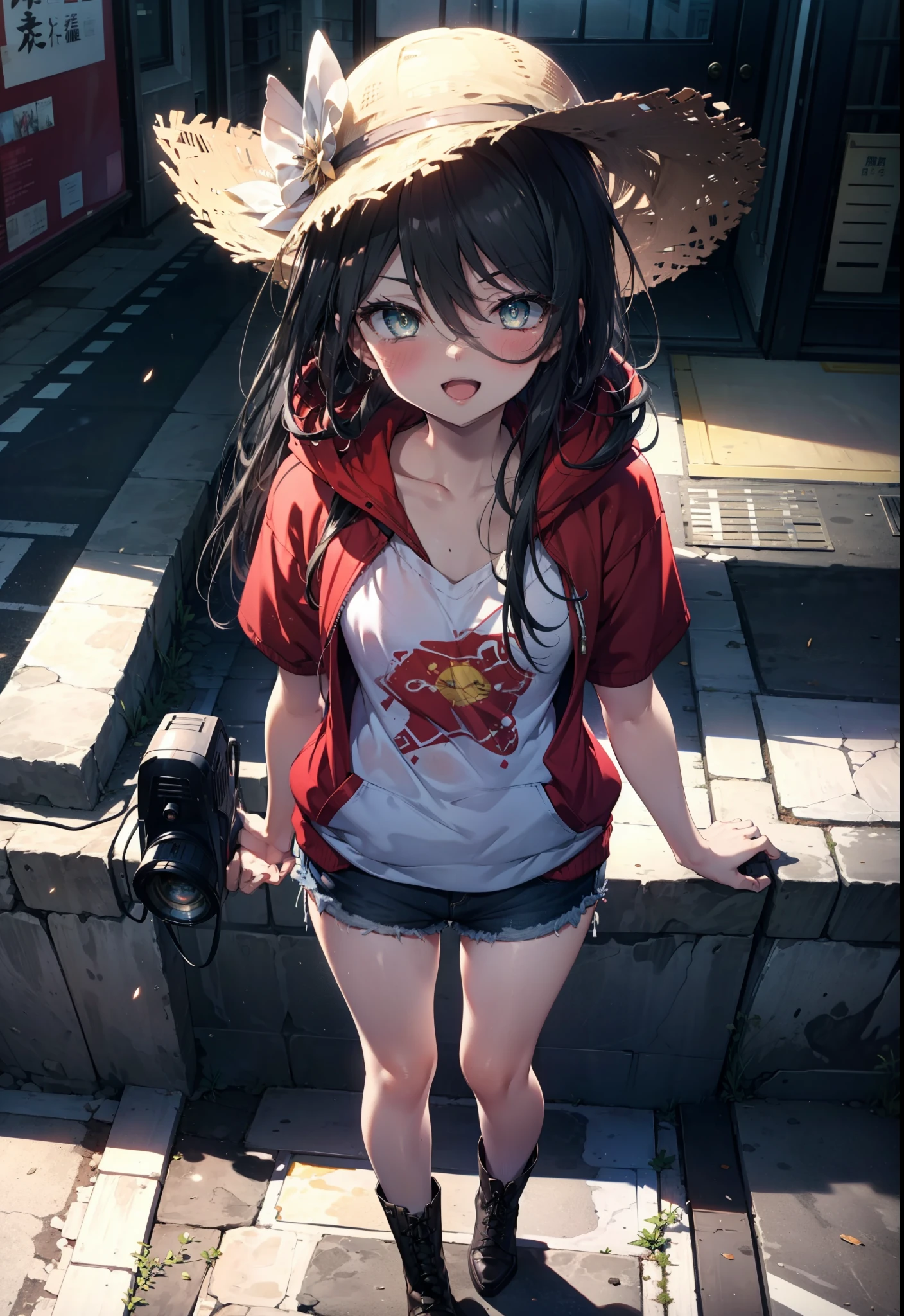 Shana,灼眼のShana,Long Hair, Black Hair,black eye, Small breasts,smile,blush,Open your mouth,Applejack Hat,Tank top shirt,Red hoodie,Short sleeve,Shorts,Black knee socks,short boots,Put your hands behind your back,Looking down from above,whole bodyがイラストに入るように,morning,morning陽,The sun is rising,
break looking at viewer, whole body,
break outdoors, City Street,construction area,
break (masterpiece:1.2), highest quality, High resolution, unity 8k wallpaper, (shape:0.8), (Beautiful and beautiful eyes:1.6), Highly detailed face, Perfect lighting, Extremely detailed CG, (Perfect hands, Perfect Anatomy),