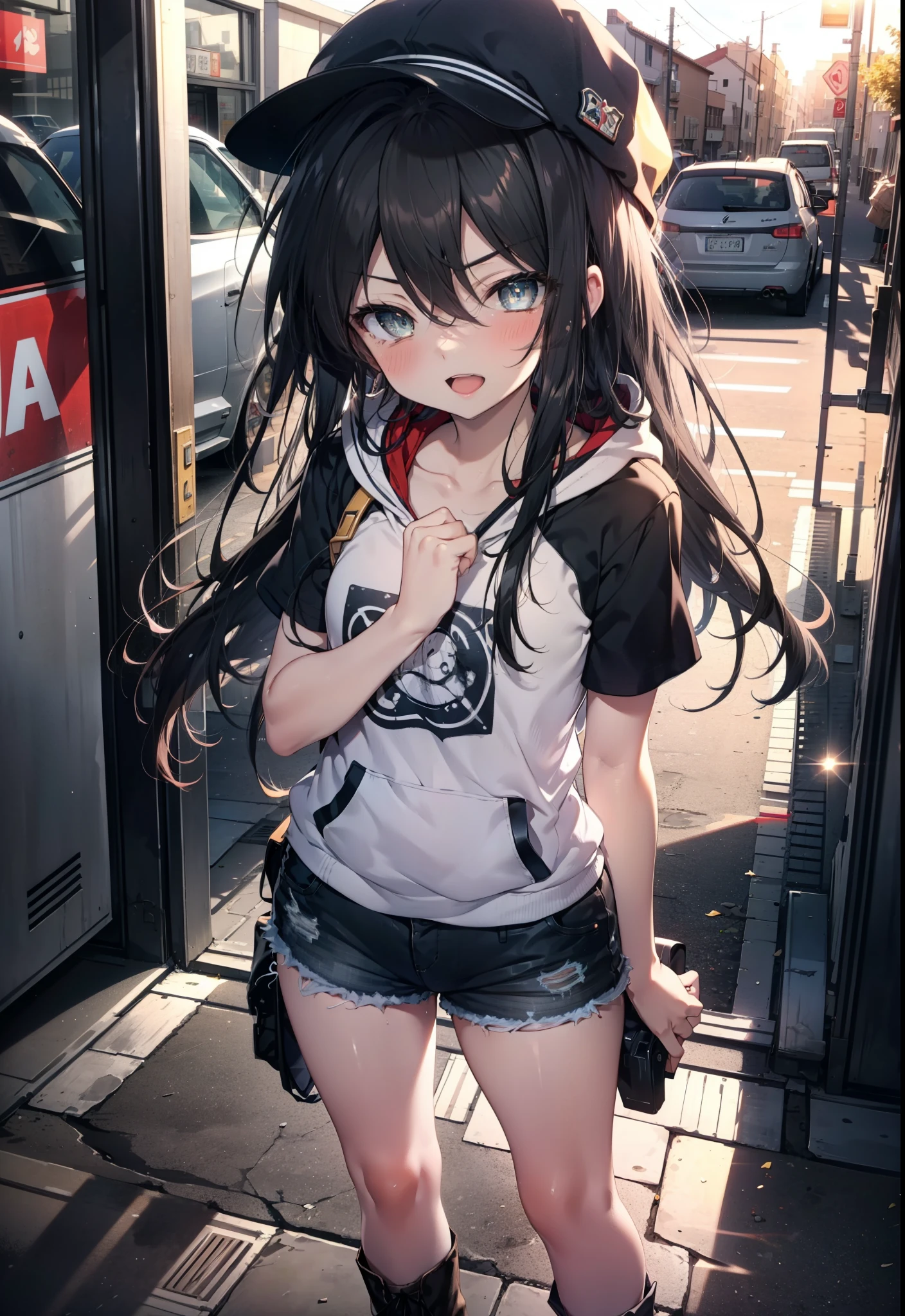 Shana,灼眼のShana,Long Hair, Black Hair,black eye, Small breasts,smile,blush,Open your mouth,Applejack Hat,Tank top shirt,Red hoodie,Short sleeve,Shorts,Black knee socks,short boots,Put your hands behind your back,Looking down from above,whole bodyがイラストに入るように,morning,morning陽,The sun is rising,
break looking at viewer, whole body,
break outdoors, City Street,construction area,
break (masterpiece:1.2), highest quality, High resolution, unity 8k wallpaper, (shape:0.8), (Beautiful and beautiful eyes:1.6), Highly detailed face, Perfect lighting, Extremely detailed CG, (Perfect hands, Perfect Anatomy),