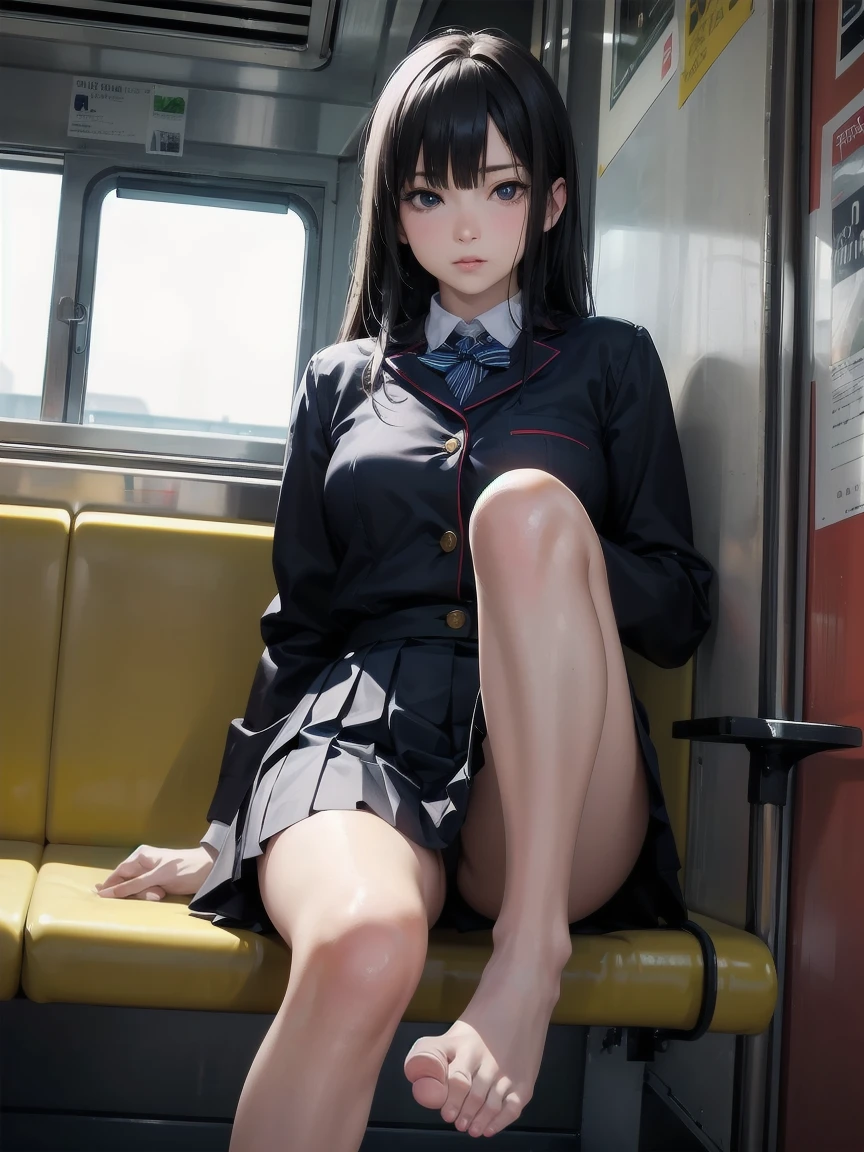 "(masterpiece, High resolution, Ultra High resolution, 4K) Black Hair, 14 year old Japanese girl, Uniform skirt, Accentuate your thighs, White thighs, Soft thighs, Gorgeous thighs, Sitting on a train, Orientation angle, (Angle from below),sitting in a train seat,Sit in front,Crotch Zoom Camera,Put your feet on the train floor,whole body,Looking down and sleepy,Only watching the audience", highest quality, 超High resolution, (Realistic:1.4),, High resolution, Familiar, RAW Photos, Shapuri, Nikon D850 film stock photo by Lee Jefferies 4 Kodak Portra 400 camera F1.6 lens rich colors hyper Realistic lively textures dramatic lighting unreal engine artstation trends cinestir 800,Footjob、Nipples are visible、My chest is visible、sole、Open chest、soleが見えている、Trying to trample、Trying to rub with legs、