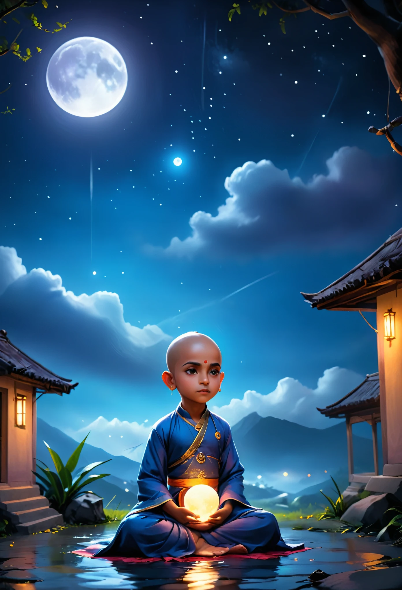 Child image of a bald Indian  meditating. roupas de costumes budista. night sky , com uma enorme lua cheia. cinematic lighting. Child Full moon landscape 