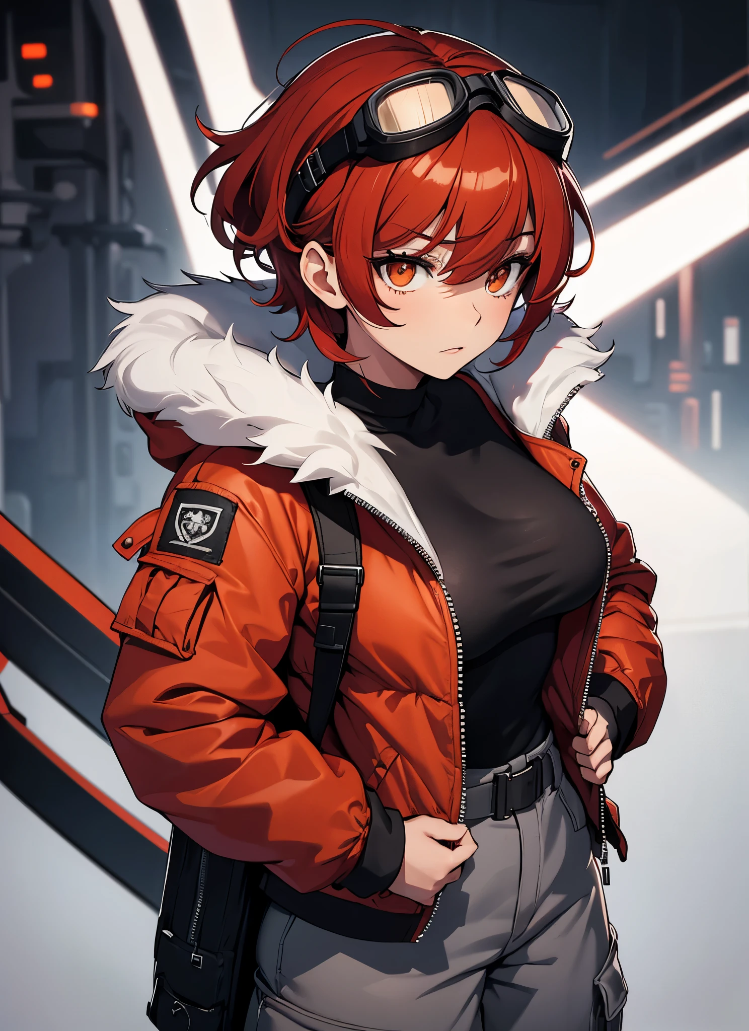 best quality, ultra-high resolution, depth of field:1.2), solo, adult, 1woman, toned body, big breasts, wide hips,front view, perfect face, portrait, expressive eyes, Female, girl with (goggles on head:1.2) female, meduim breasts,lady_nagant, short hair, red hair,orange eyes,red jacket with black details, ( white fur jacket: 1.2),winter clothes, white t-shirt, ((gray baggy cargo pants)), black military boots ((small details in red))