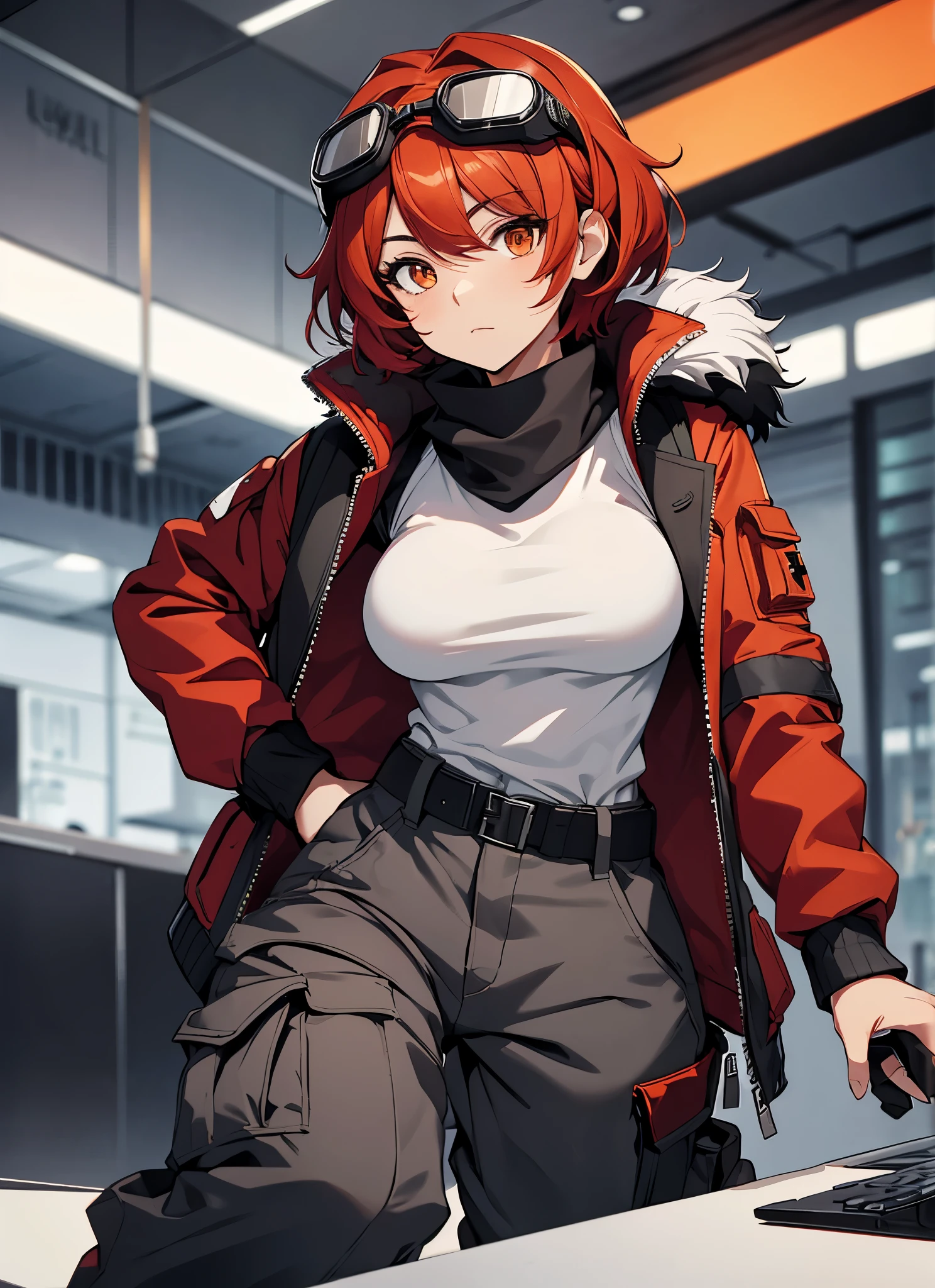 best quality, ultra-high resolution, depth of field:1.2), solo, adult, 1woman, toned body, big breasts, wide hips,front view, perfect face, portrait, expressive eyes, Female, girl with (goggles on head:1.2) female, meduim breasts,lady_nagant, short hair, red hair,orange eyes,red jacket with black details, ( white fur jacket: 1.2),winter clothes, white t-shirt, ((gray baggy cargo pants)), black military boots ((small details in red))