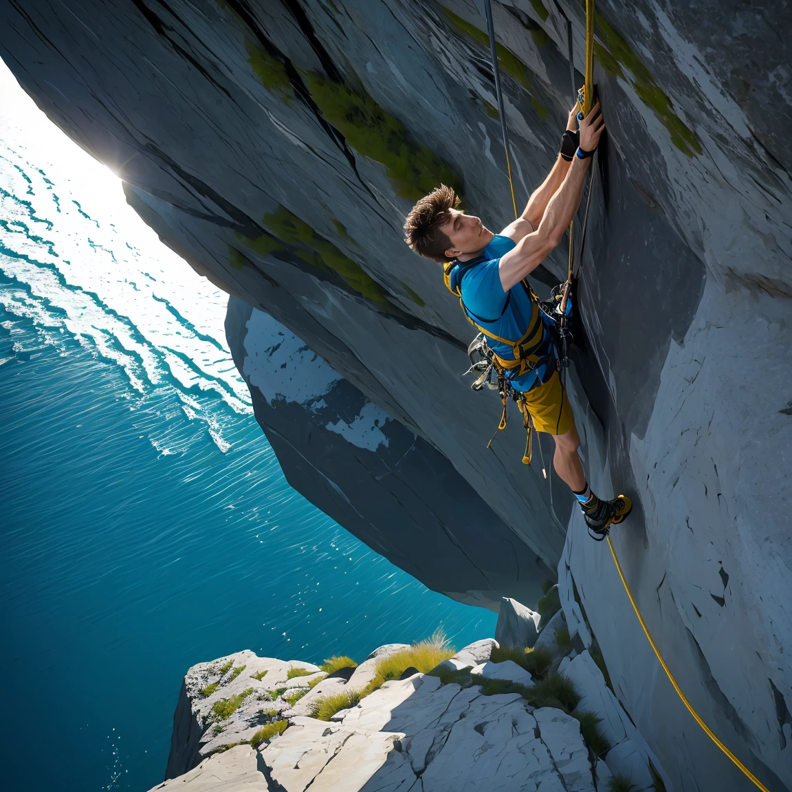 a young male climber hangs on a steep cliff, holds on to the rock with one hand