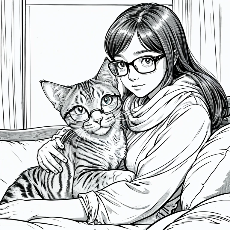 A girl with glasses hugging her cat drawed as cartoon style