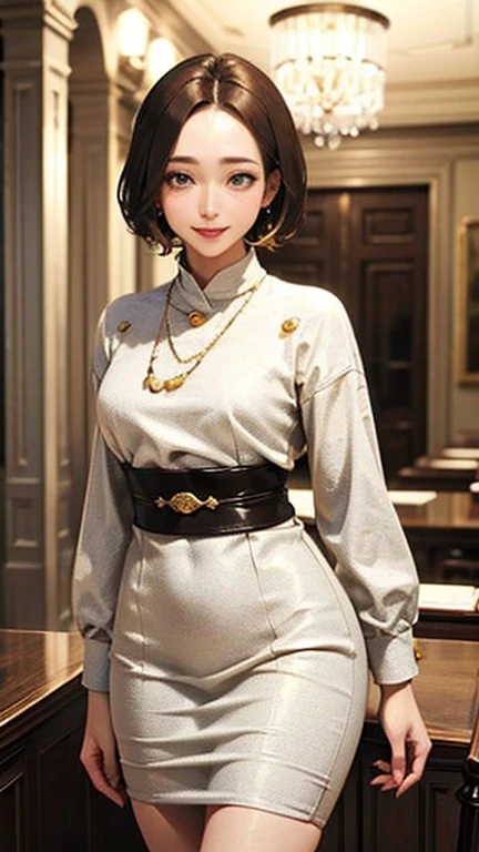 Only one female, Standing Elegantly, (Tube Dress) stylish, Sash belt, Mature Woman, /(short hair、Light brown hair、Blonde hair/) Beautiful forehead, A kind smile, (teeth:0.8), (Masterpiece of the highest quality:1.2) Delicate illustrations, super detailed,  (Luxury venue) indoor, Crowded, chandelier, Detailed Background