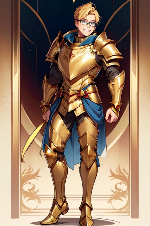 male, blonde short hair, blue eyes, (((1boy))), (((gold metal full body armor))), (gold metal gauntlets), (gold metal boots), (gold metal helm), (red mantle), (glasses) long legs, smiling