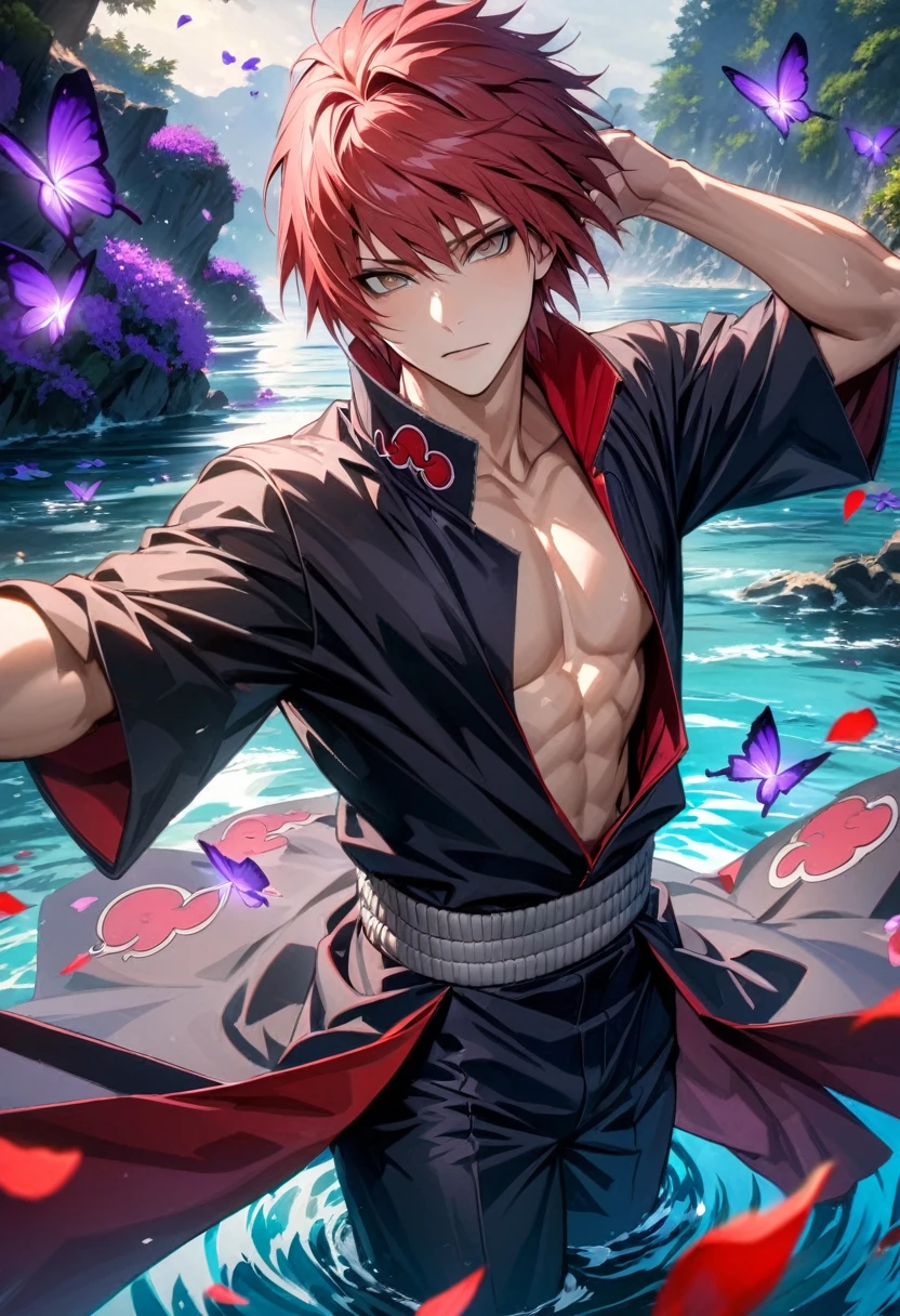 absurdres, highres, ultra detailed, HDR, master piece, best quality, Sasori, red hair, with bangs, short hair, expressive brown eyes, Naruto Shippuden, akatsuki, solo, sexy man, handsome, toned chest, black clothes, water, purple butterflies, purple flowers, petals