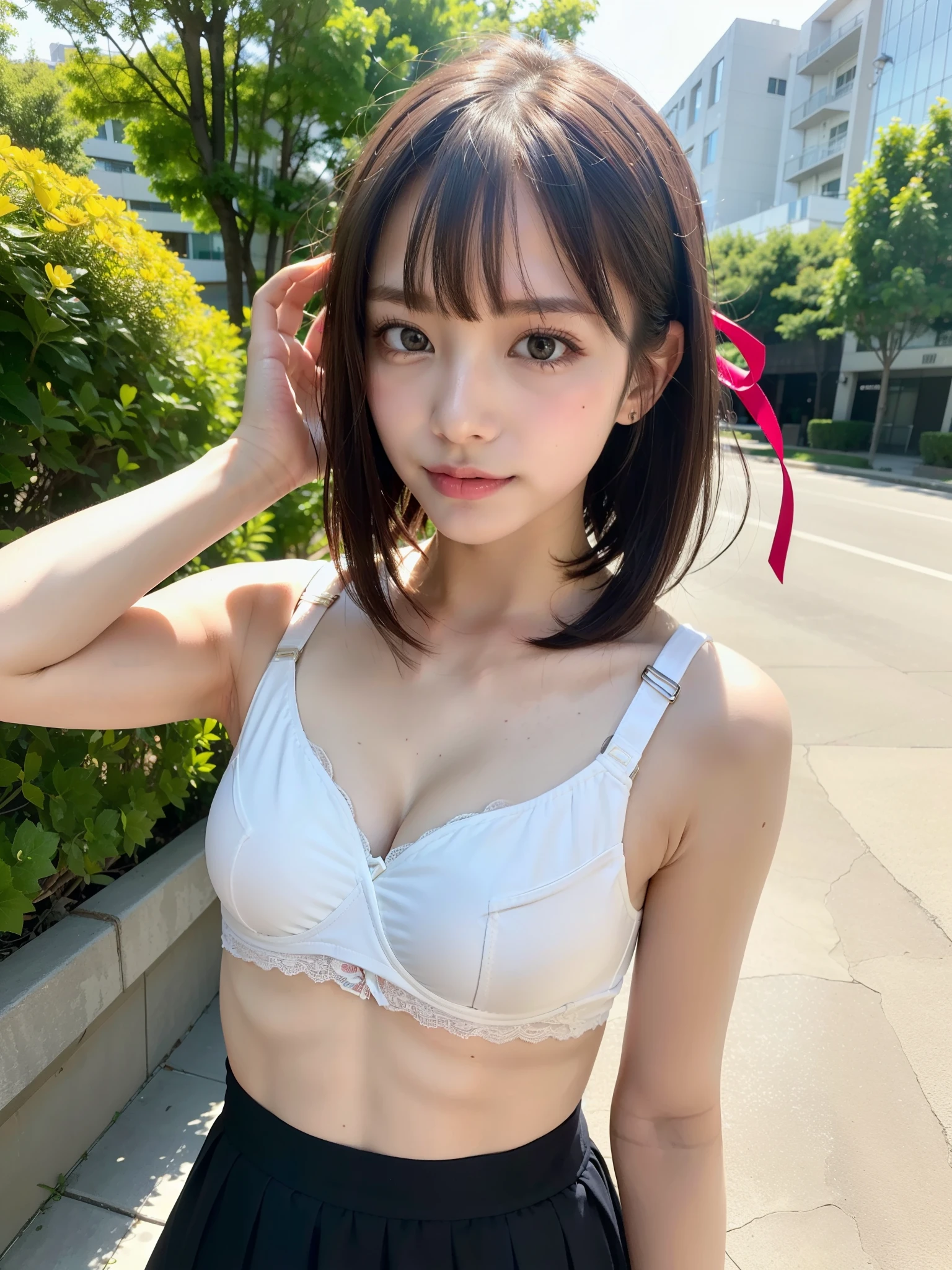 ((Best of the highest quality, 8k, Masterpiece: 1.3, raw photo)), Sharp focus: 1.2, (1 AESPA, slim body type female, 21 y/o: 1.1), (Solo: 1.2), (realistic, photo-realistic:1.37), face focus, cute face, finely eyes, side lighting, using reflectors, (small breasts, flat chest, Thigh: 1.3), (short messy hair, bangs: 1.28), (wearing neat bra and skirt:1.32), (ribbon:1.2), walking terrace dining, sun light, flower, arms up