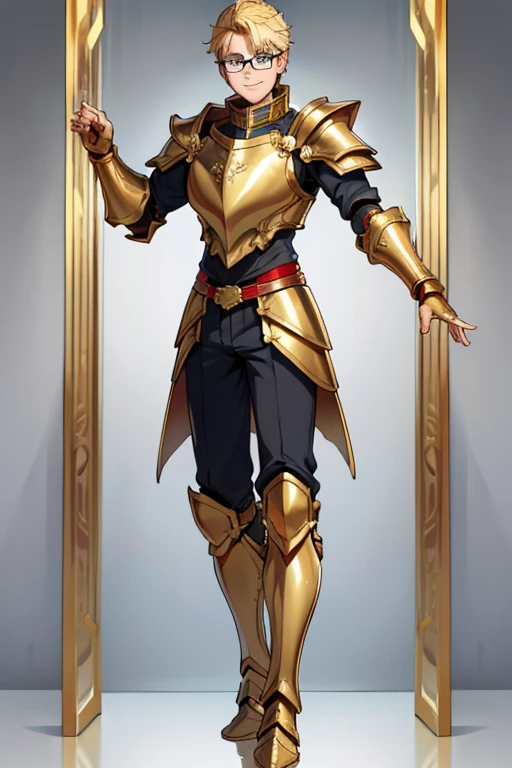 male, blonde short hair, blue eyes, (((1boy))), (((gold metal full body armor))), (gold metal gauntlets), (gold metal boots), (gold metal helm), (red mantle), (glasses) long legs, smiling