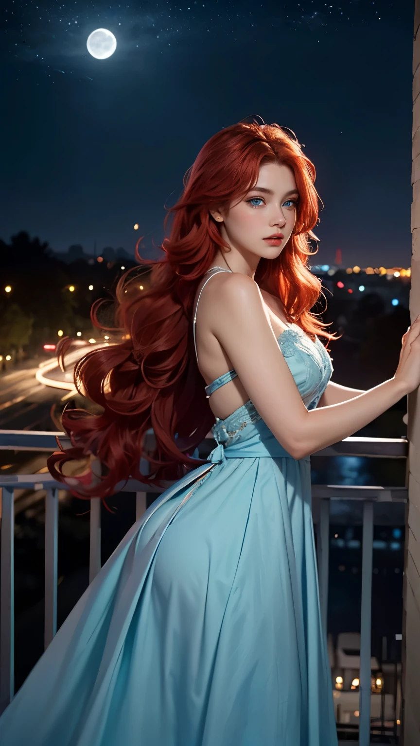 Realistic,  Depth of written boundary,  Cinema Lighting,  (Detailed costume),  Perfect Eyes,  Lots of details,  lips,  Line art,  Particles of light,  ((Red Hair)),  ((blue eyes)),  Princess Line Dresses,  balcony,  Night Sky,  moonlight,  Long Hair,  it&#39;s snowing,  White Theme,  Fur has