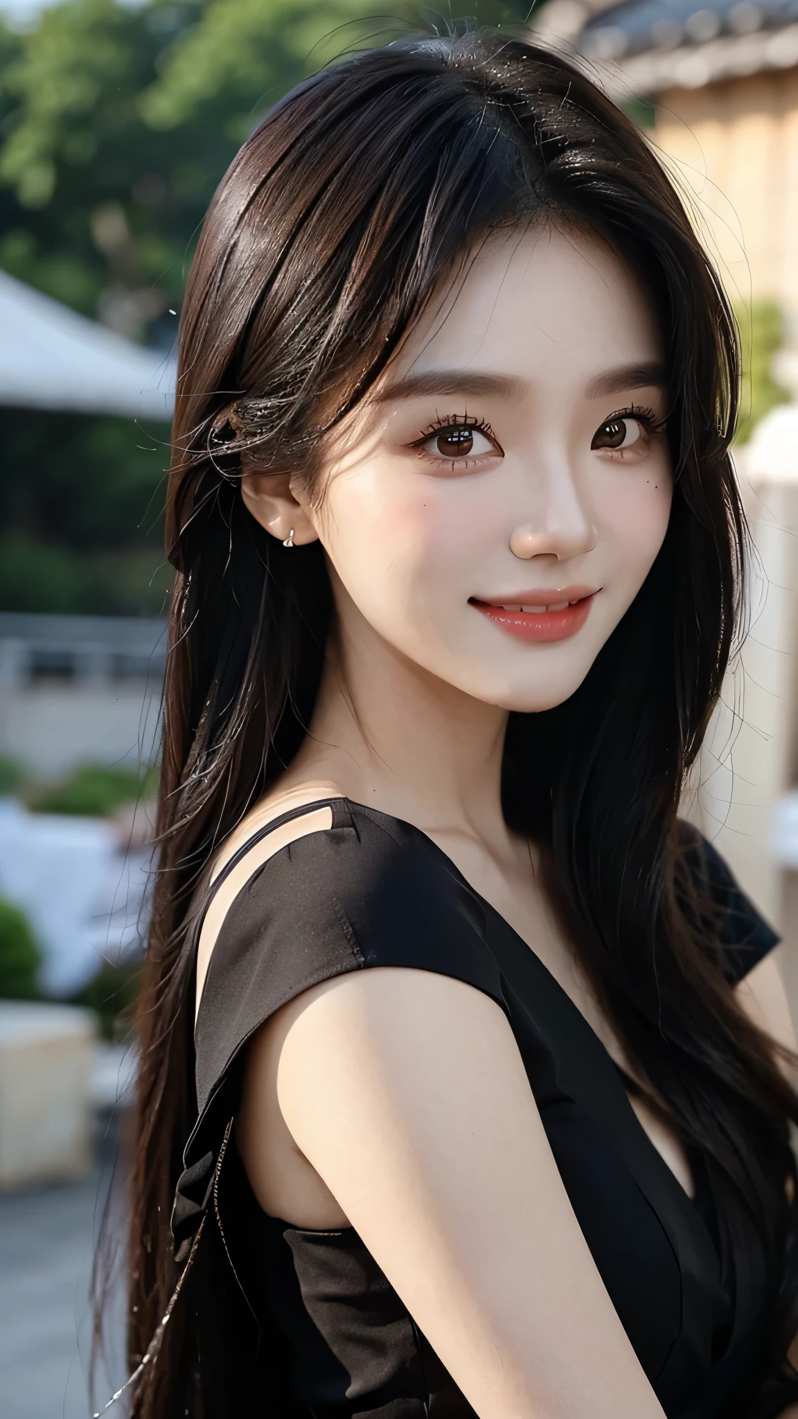 masterpiece、top-quality)、1 beautiful girl、((Wearing black sunglasses )), (Detailed beautiful eyes), ((Detailed skin)) , ((Detailed medium hair)), inside the black villa、((Boyish Brown Medium Hair))、((Smaller face))、((Neutral face))、((Face seen from the side))、((Light brown eyes))、((Korean Girl))、((18year old))、((cool lady))、((A shy smile on his face))、((Korean Makeup))、((elongated and sharp eyes))、((Happy dating))、((boyish))、((Shot from the same height as your face)、in the modern villa ), ((CG rendering)), ((Blurred background)), ((16K)), ((Very detailed)), ((wallpaper)), ((depth of field))