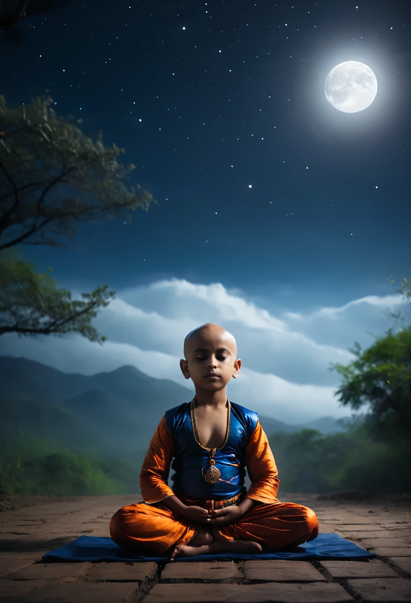 Child image of a bald Indian  meditating. roupas de costumes budista. night sky , com uma enorme lua cheia. cinematic lighting. Child Full moon landscape 