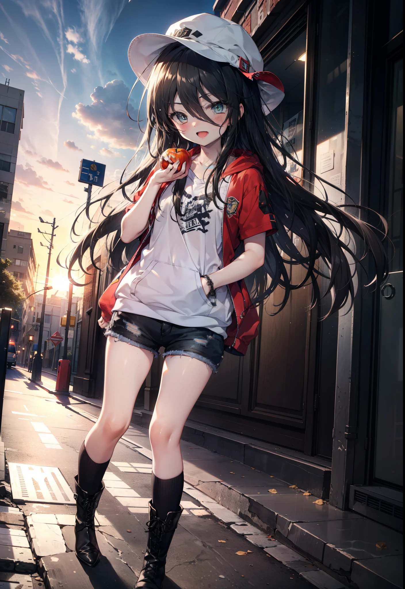 Shana,灼眼のShana,Long Hair, Black Hair,black eye, Small breasts,smile,blush,Open your mouth,Applejack Hat,Tank top shirt,Red hoodie,Short sleeve,Shorts,Black knee socks,short boots,Put your hands behind your back,Looking down from above,whole bodyがイラストに入るように,morning,morning陽,The sun is rising,
break looking at viewer, whole body,
break outdoors, City Street,construction area,
break (masterpiece:1.2), highest quality, High resolution, unity 8k wallpaper, (shape:0.8), (Beautiful and beautiful eyes:1.6), Highly detailed face, Perfect lighting, Extremely detailed CG, (Perfect hands, Perfect Anatomy),