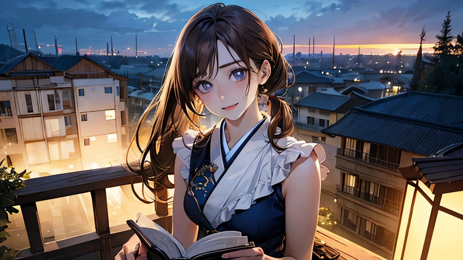 (masterpiece:1.2, highest quality), (Realistic, photoRealistic:1.4), Beautiful illustrations, (Natural Side Lighting, Cinema Lighting), Browsing Caution,
View your viewers, whole body, 1 girl, Japanese, Reading a book女性, Perfect Face, Cute and symmetrical face, Shiny skin,
(Mid-length hair:1.7, Side Ponytail:1.2, Light brown hair), Swept-apart bangs, blue eyes, Droopy eyes, Long Eyelashes, (Medium chest), thin,
Beautiful Hair, Beautiful Face, Beautiful fine details, Beautiful clavicle, Beautiful body, Beautiful breasts, Beautiful thighs, Beautiful feet, Beautiful fingers,
((Detailed cloth texture, one piece,mini skirt)),
(Beautiful views), winter, evening, (Outdoor), , (Heart-shaped pupils, In the heat, Excited), Sitting,Reading a book,