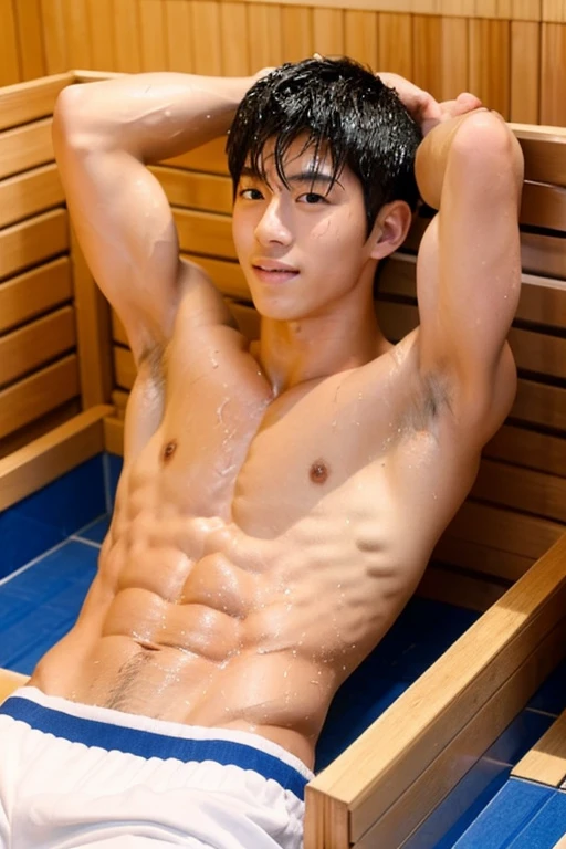 A slim, muscular, handsome Japanese male high school student with a youthful face and white skin, shirtless, sweating in a sauna, looking very hot, ripped abs, lying on his back, arms raised above his head and tied up, wet hair and hands touching his body muscles, towel on waist