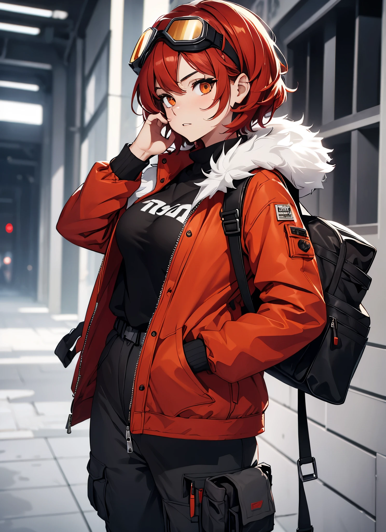 best quality, ultra-high resolution, depth of field:1.2), solo, adult, 1woman, toned body, big breasts, wide hips,front view, perfect face, portrait, expressive eyes, Female, girl with (goggles on head:1.2) female, meduim breasts,lady_nagant, short hair, red hair,orange eyes,red jacket with black details, ( white fur jacket: 1.2),winter clothes, white t-shirt, ((gray baggy cargo pants)), black military boots ((small details in red))