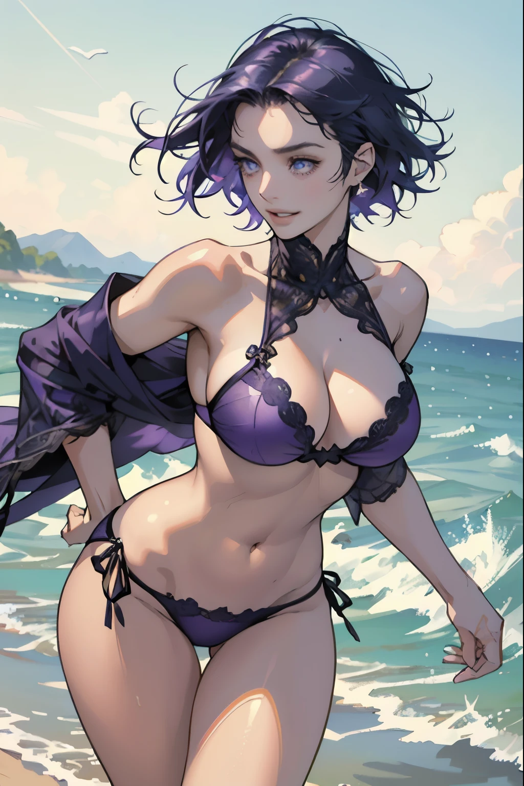 The sea sparkling in the morning sun , (Colorful and sexy high-cut purple bikini girl: 1.2), Dark blue eyes, 1 girl, 20-year-old,Grin,Big ample breasts,Slender,,(Realistic), (Intricate details: 1.2), (Tabletop: 1.3), (highest quality: 1.4), (超A high resolution: 1.2), 超A high resolution, (Fine grain), (Detailed face), 8K resolution, Beautiful legs,Beautiful Hands,Look at the viewers,Dynamic Pose,Low angle,looked back