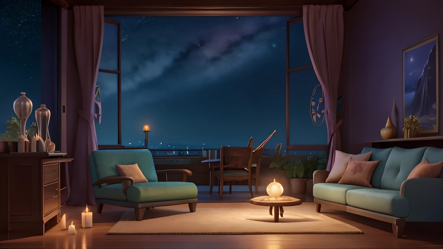 Anime Background Art, Relaxing concept art, Anime Scenery concept art, Highly detailed scenes, Beautiful artwork illustration, Detailed landscape —, studio ghibli environment, Highly detailed scenes, Environmental Design Illustration, Beautiful anime scene, Ghibli Studio Style, Anime Scenery, Soft images with great detail, Environmental Painting"Relax and unwind in the evening at the jazz bar。Dim lighting creates a sense of calm、The candle light glows dimly。Sitting on a sofa in Manchester、Listen to music in a luxurious setting。" "Dark jazz bar。The candlelight casts a soft glow、Create a pleasant atmosphere。The Manchester sofa provides a place to relax、Providing a blissful moment。" "Jazz melodies floating in the dark night。The bar is dimly lit、Candlelight creates a magical atmosphere。Snuggled up on a sofa in Manchester、Enjoy a luxurious music experience。The Milky Way seen from the window is truly amazing..