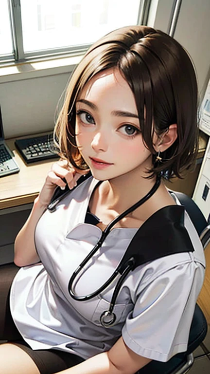 Only one female, Sitting, (From above), (Looking up at the viewer), (White) Stylish clothing, Mature Woman, /(short hair、Light brown hair、Blonde hair/) Beautiful forehead, A kind smile, (Masterpiece of the highest quality:1.2) Delicate illustrations, super detailed, pantyhose, /(Wear a stethoscope around your neck/) break (Hospital examination room) indoor, Work Desk, (Radiograph), Detailed Background