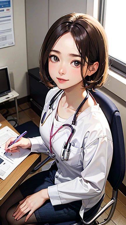 Only one female, Sitting, (From above), (Looking up at the viewer), (White) Stylish clothing, Mature Woman, /(short hair、Light brown hair、Blonde hair/) Beautiful forehead, A kind smile, (Masterpiece of the highest quality:1.2) Delicate illustrations, super detailed, pantyhose, /(Wear a stethoscope around your neck/) break (Hospital examination room) indoor, Work Desk, (Radiograph), Detailed Background