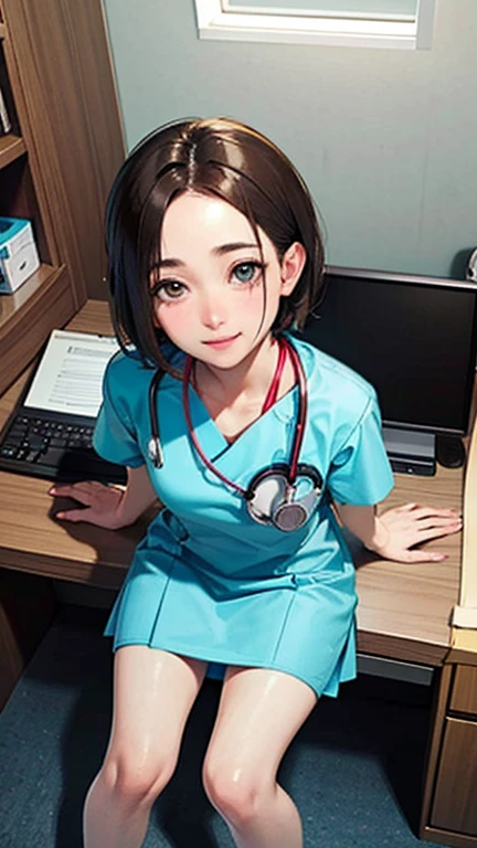 Only one female, Sitting, (From above), (Looking up at the viewer), (White) Stylish clothing, Mature Woman, /(short hair、Light brown hair、Blonde hair/) Beautiful forehead, A kind smile, (Masterpiece of the highest quality:1.2) Delicate illustrations, super detailed, pantyhose, /(Wear a stethoscope around your neck/) break (Hospital examination room) indoor, Work Desk, (Radiograph), Detailed Background