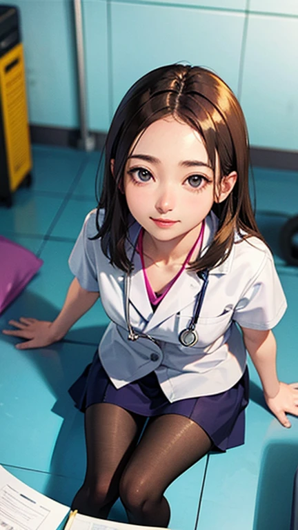 Only one female, Sitting, (From above), (Looking up at the viewer), (White) Stylish clothing, Mature Woman, /(Mid-length hair、Light brown hair、Blonde hair/) Beautiful forehead, A kind smile, (Masterpiece of the highest quality:1.2) Delicate illustrations, super detailed, pantyhose, /(Wear a stethoscope around your neck/) break (Hospital examination room) indoor, Work Desk, (Radiograph), Detailed Background