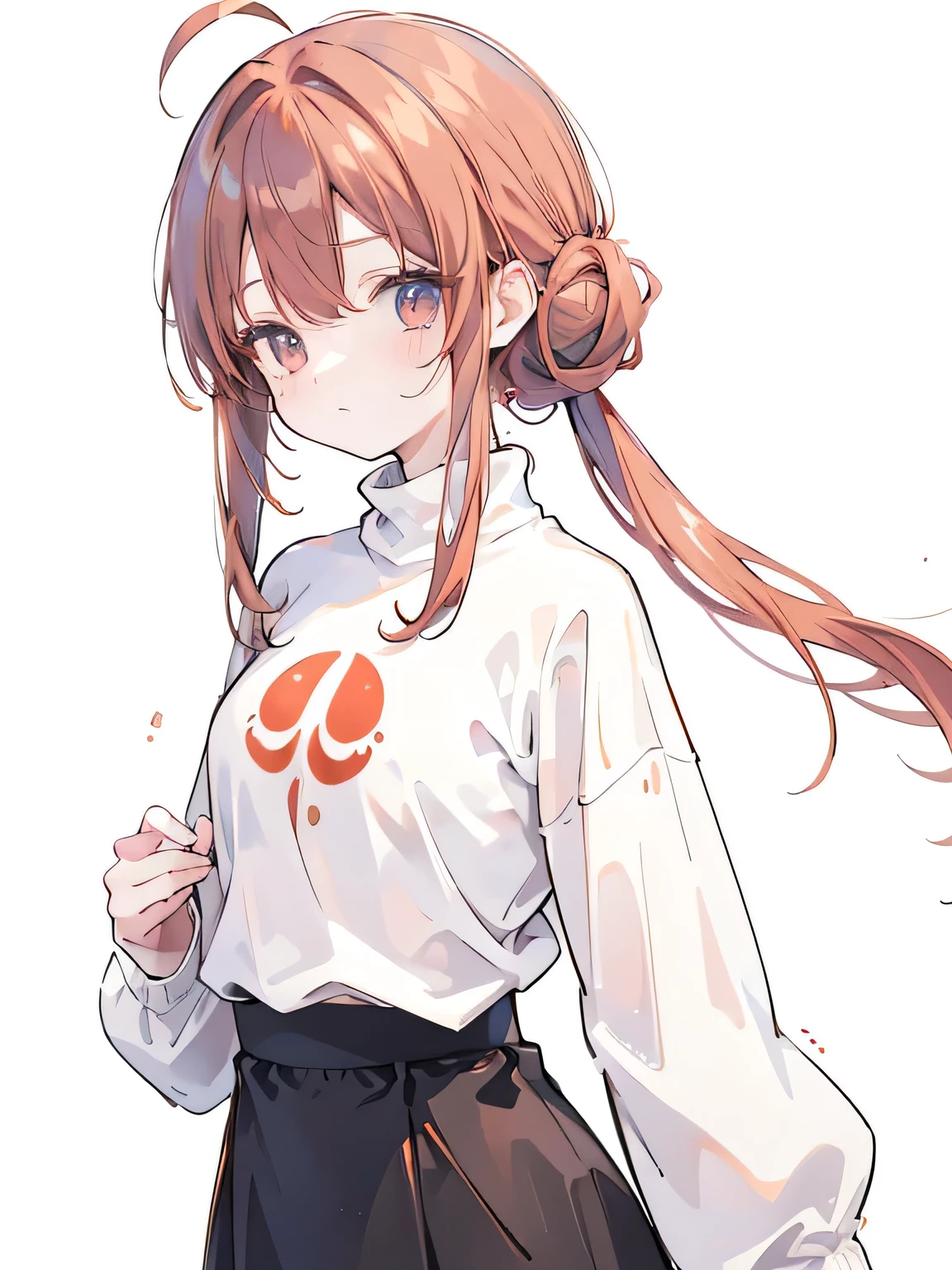 best quality,detailed,1 female, teenagers,(ash copper hair with red dip-dye hair),(((short length single chignon hairstyle))),ahoge , beautiful small breasts,oversized white sweatshirts on tight black turtleneck inner wear , girl wearing oversized white sweatshirt on tight turtleneck black inner wear ,(facing the front),(cheeks turn red),((shy expression)), (back-to-back:1.2) , white background