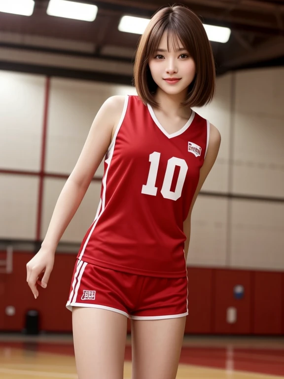 masterpiece, highest quality, High resolution, wallpaper, Realistic, Bright lighting, Professional Lighting, Face Light, Smooth lighting, Japanese Girls, ((Whole body 1.4)),Are standing, 15 years old,cute, smile, beautiful girl, gravure, sexy, so beautiful, Beautiful Skin, Beautiful and detailed、Detailed face、slim、Moderate, short hair, Brunette colored hair, Brown eyes, View your viewers,Red volleyball player uniform, Red short tight shorts uniform,Indoor volleyball court,Small,