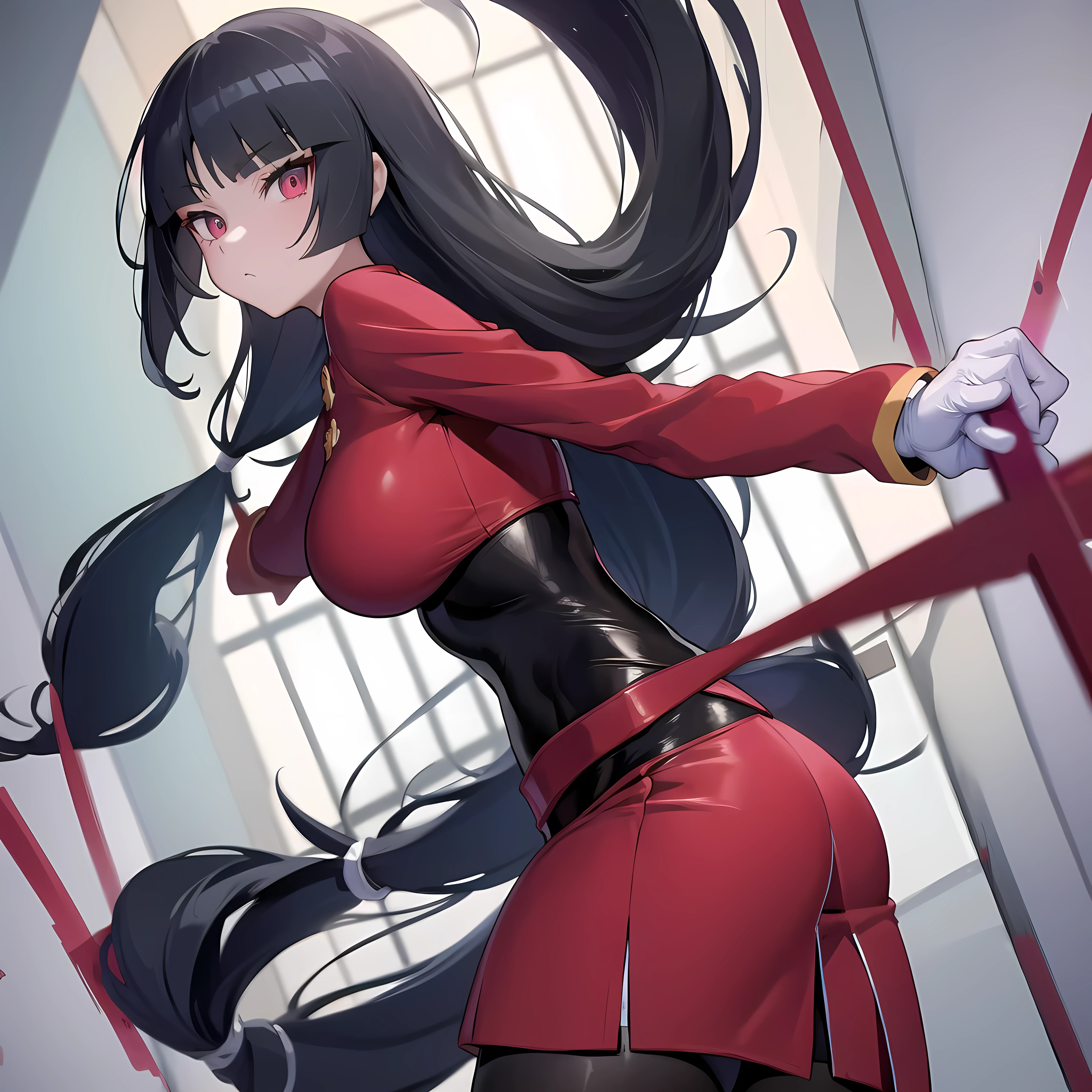 masterpiece, best quality, frlgsabrina, blunt bangs, very long hair, black hair, black bodysuit, red crop top, red sleeves, red skirt, white gloves, black pantyhose, large breasts, looking at viewer, from side, hallway, front view