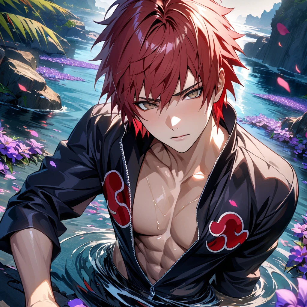 absurdres, highres, ultra detailed, HDR, master piece, best quality, Sasori, red hair, with bangs, short hair, expressive brown eyes, Naruto Shippuden, akatsuki, solo, sexy man, handsome, toned chest, black clothes, water, purple butterflies, purple flowers, petals