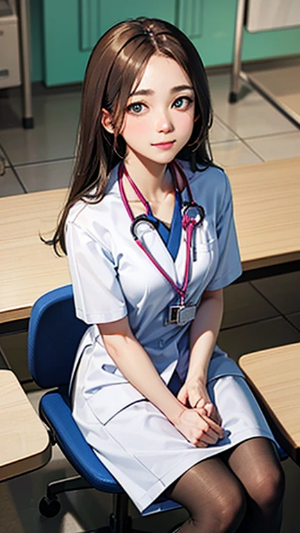 Only one female, Sitting, (From above), (Looking up at the viewer), (White) Stylish clothing, Mature Woman, /(Mid-length hair、Light brown hair、Blonde hair/) Beautiful forehead, A kind smile, (Masterpiece of the highest quality:1.2) Delicate illustrations, super detailed, pantyhose, /(Wear a stethoscope around your neck/) break (Hospital examination room) indoor, Work Desk, (Radiograph), Detailed Background