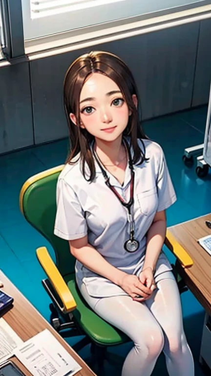 Only one female, Sitting, (From above), (Looking up at the viewer), (White) Stylish clothing, Mature Woman, /(Mid-length hair、Light brown hair、Blonde hair/) Beautiful forehead, A kind smile, (Masterpiece of the highest quality:1.2) Delicate illustrations, super detailed, pantyhose, /(Wear a stethoscope around your neck/) break (Hospital examination room) indoor, Work Desk, (Radiograph), Detailed Background