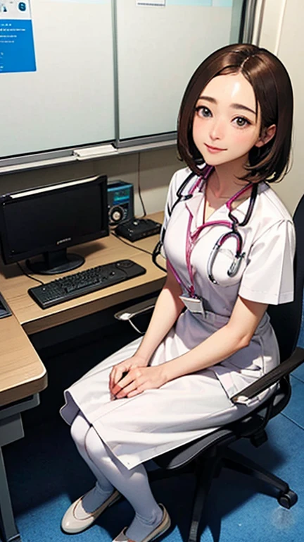 Only one female, Sitting, (From above), (Looking up at the viewer), (White) Stylish clothing, Mature Woman, /(Mid-length hair、Light brown hair、Blonde hair/) Beautiful forehead, A kind smile, (Masterpiece of the highest quality:1.2) Delicate illustrations, super detailed, pantyhose, /(Wear a stethoscope around your neck/) break (Hospital examination room) indoor, Work Desk, (Radiograph), Detailed Background