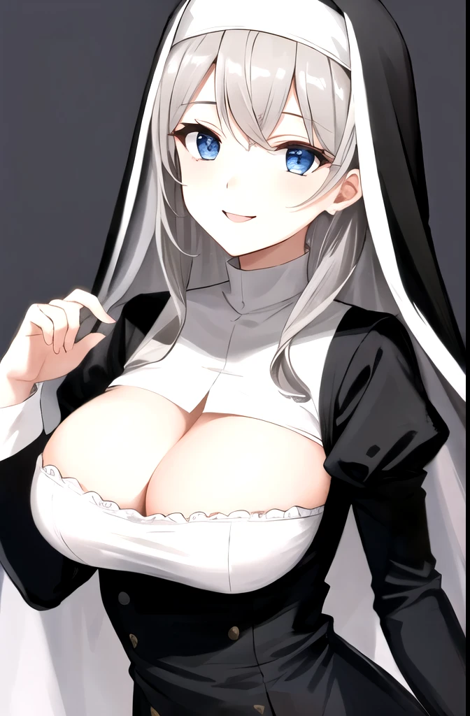 (highest quality, masterpiece),Straight gray hair、Blue Eyeoderately large breasts, Smiled、Nun&#39;s all-black garb、Sit、Thighs、sexy, erotic, 18+,