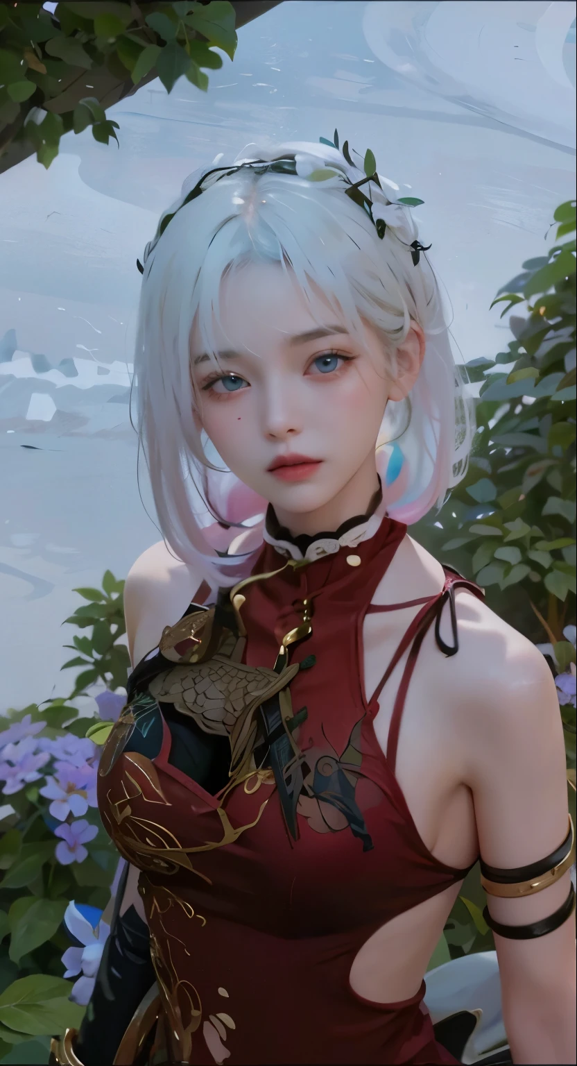 White pink hair, blue eyes, red dress,Light blue eyes,The belly button and the surrounding area are exposed,