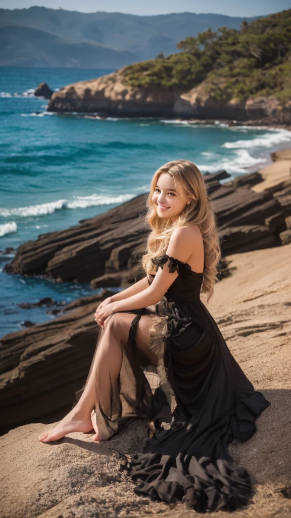 1 girl, alone, looking at the viewer, dark blonde long hair, hair is tied up, ((maid dress, sheer dress)), brown eyes, Coastal rocky background, small breast , smile, sitting, realistic, masterpiece, 最high quality, high quality, High resolution,