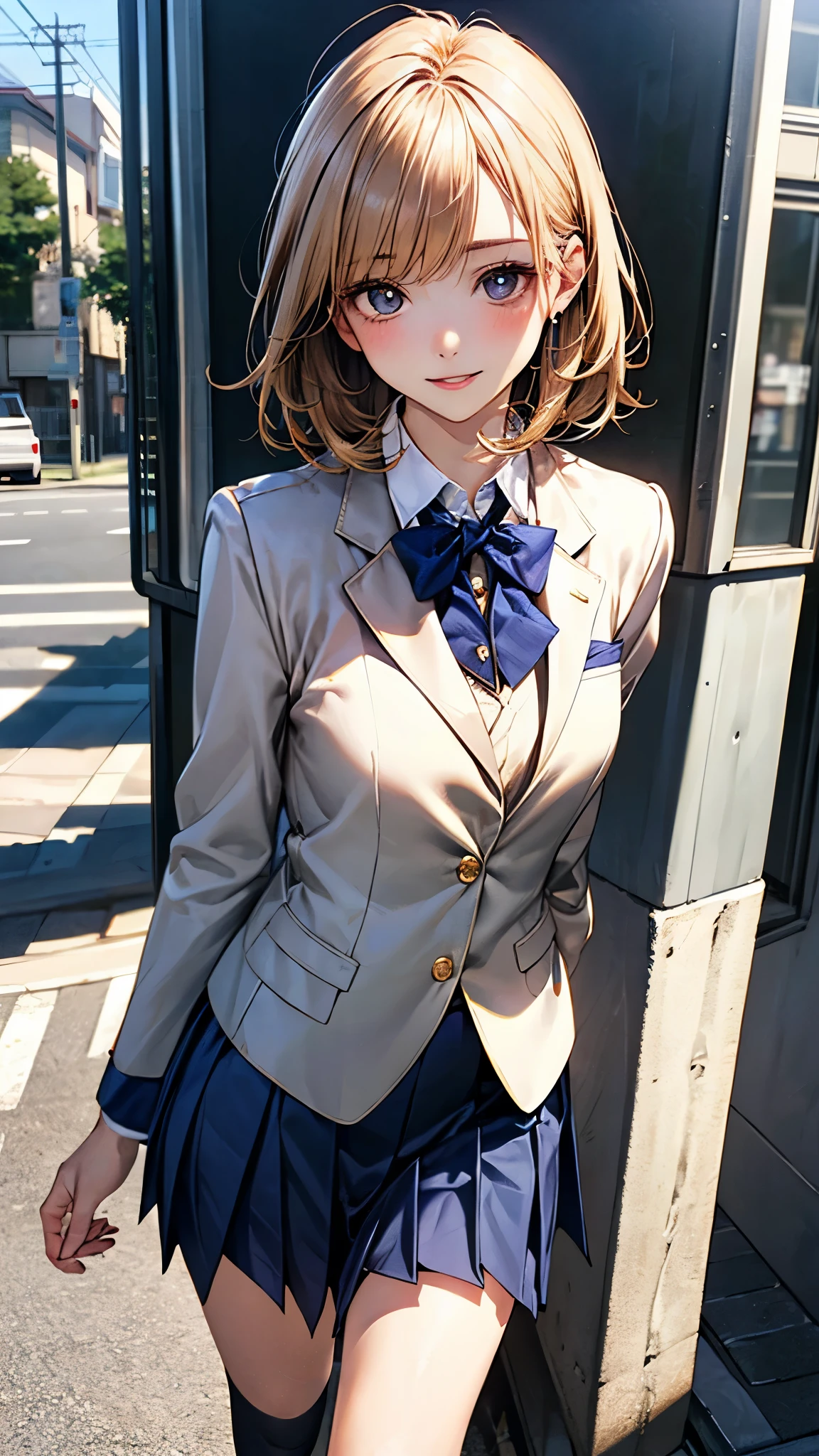 (masterpiece:1.2, top-quality), (realistic, photorealistic:1.4), beautiful illustration, (natural side lighting, movie lighting), 
looking at viewer, full body, front view:0.6, 1 girl, japanese, high school girl, perfect face, cute and symmetrical face, suntan, shiny skin, 
(short hair, buzz cut, long sidelocks, strawberry blonde hair), bangs pinned back (gold eyes), slant eyes, big eyes, long eye lasher, (large breasts:0.6), 
beautiful hair, beautiful face, beautiful detailed eyes, beautiful clavicle, beautiful body, beautiful chest, beautiful thigh, beautiful legs, beautiful fingers, 
white collared shirt, break,break, (((navy blue blazer, close blazer))), break,break, navy blue pleated skirt, dark red bow tie, navy blue school socks, black loafer), 
(beautiful scenery), evening, (sidewalk, traffic light), (walking), (lovely smile, parted lips),