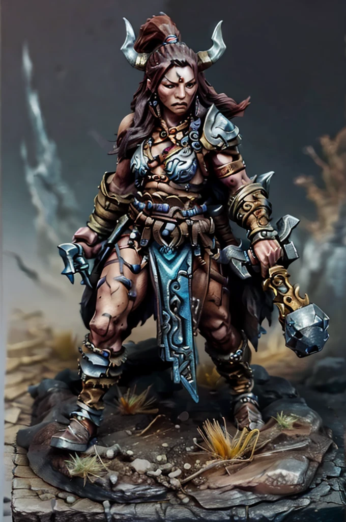 pmini style, a painted miniature of a female human barbarian, close-up shot, detailed face, fantasy game, character design, Intricate, High Detail, Sharp focus, dramatic, photorealistic art