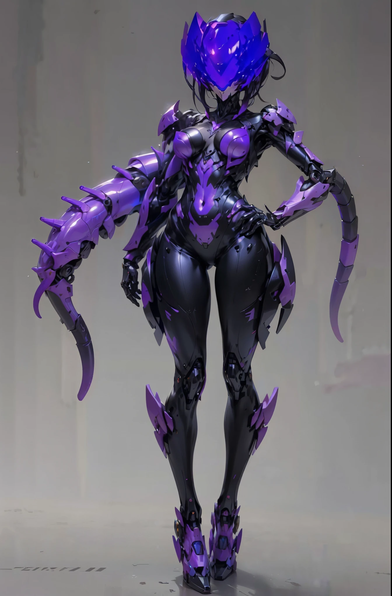 A female transformer. mechanical body. Three luminous eyes. she with a scorpion tail. Helmet liked face. Image colors of black and purple. Metallic luster. full body image. sexy.