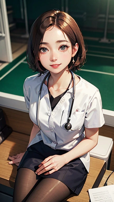 Only one female, Sitting, (From above), (Looking up at the viewer), (White) Stylish clothing, Mature Woman, /(short hair、Light brown hair、Blonde hair/) Beautiful forehead, A kind smile, (Masterpiece of the highest quality:1.2) Delicate illustrations, super detailed, pantyhose, /(Wear a stethoscope around your neck/) break (Hospital examination room) indoor, Work Desk, (Radiograph), Detailed Background