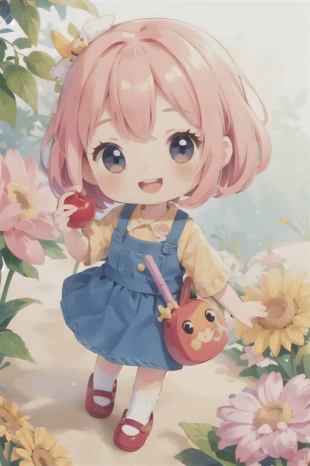 Photorealistic、Chibi Girl Doll(Apple-themed clothing、Have a magic wand、smile、Vibrant colors)