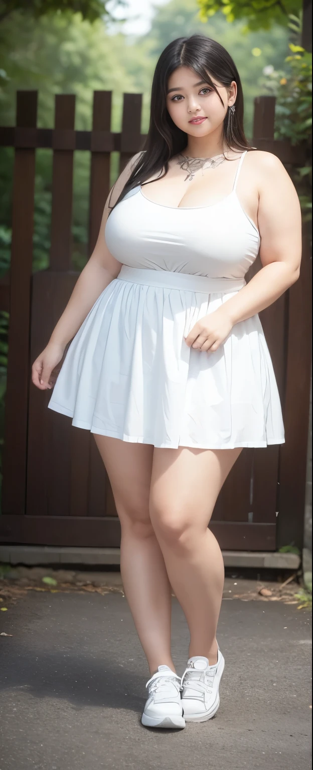 ((best quality)), ((masterpiece)), (detailed), perfect face, wanita chubby dewasa, wearing thight dress and thight skirt, chubby cheeks, chubby arm, chubby thighs, big breasts, wearing a sneakers, medium hair style, full body photoshoot, tattooed body