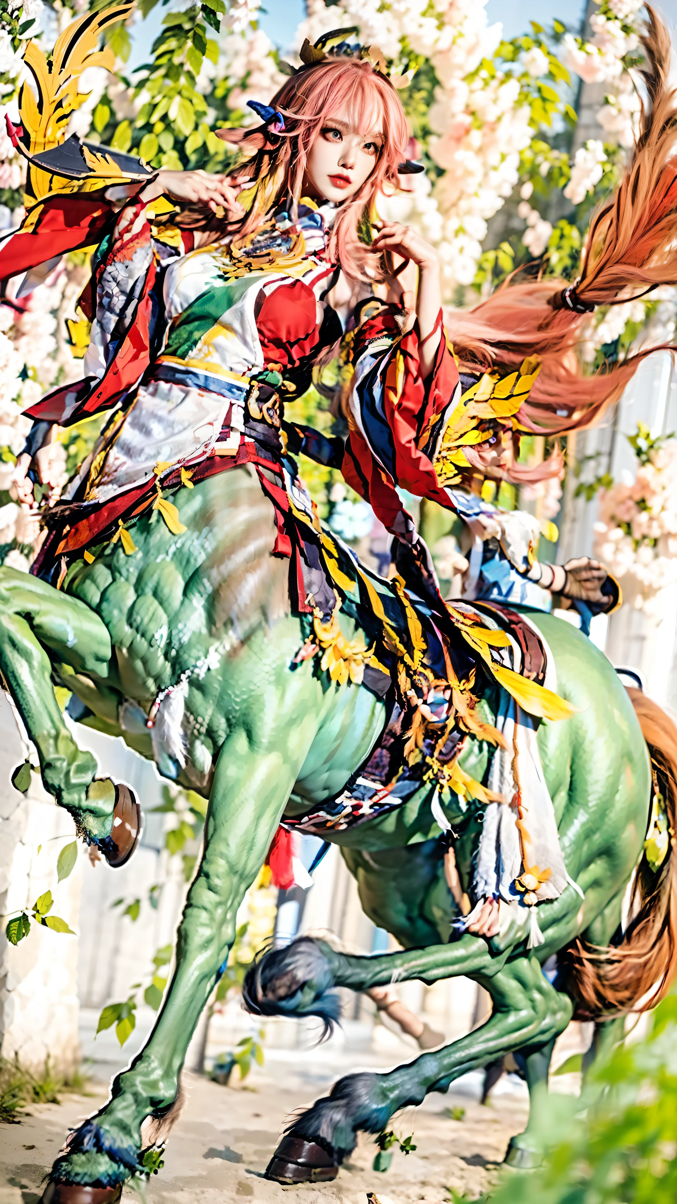 In the beautiful illustration of this super-grand scene，The ultra-distant lens shows us（More than eight distinctive Centaur characters：2.7），Their personality、Distinctive and vivid features。from（A radiant, angelic, snow-white centaur from heaven：1.1），arrive（Nightmare-like fiery red centaur surrounded by flames：1.1）、Arrive again（Green Centaur, the wind fairy dancing in the air：1.1）、Arrive again有（One-horned blue centaur surrounded by lightning：1.1），arrive（A mechanical-style mecha Centaur shining with metallic light：1.1）、Arrive again（A powerful dragon-shaped centaur wearing colorful dragon scale leather：1.1）、Arrive again（A slender elven centaur that is graceful and agile：1.1）Gracefully wears a flower crown、arrive（Enchanting and charming Tiflin centaurs：1.1）、Arrive again（A succubus centaur with an indescribably sexy feeling：1.1）。Each Centaur character fully demonstrates his unique style。The illustration uses advanced artistic techniques and tools，Use nesting、Weaving、Splicing、perspective、interlude、Montage and other artistic techniques，Divide the scene into sections by geometric arrangement，Each part corresponds to a role，from and more efficiently utilize space，Make eight centaurs exist in one picture at the same time，（The style tends to be grotesque，abstract，fantasy，Gothic，Cthulhu，indescribable：3.3）。Through Midjourney's advanced brush tools、Color palette、Material packs and model packs、Texture tools，For each centaur, beautiful props are designed to increase racial characteristics、Clothing and physical features，Enhances the character's personality and visual appeal，The scenery in the illustrations is stunning，There are changing skies、rainbow、aurora、Stars and Moon。Incorporating iconic landmarks such as Mount Everest，and fireworks、Tranquil Lake、Natural and urban elements of waves and neon lights，Creates a magical atmosphere，Centaurs demonstrate their unique abilities and equipment in a variety of environments，This is true even in extreme alien landscapes。Use Midjourney's tools、Material packs、Texture tools、The color palette makes depicting details vivid and realistic，from complex hairstyles and different ethnic characteristics、Body、Appearance features、Clothing arrives with realistic textures，Greatly improved the realism of the Centaurs and their surroundings，The fusion of multiple art styles adds dynamism to the character&#39;s movement at all angles，The overall visual experience is further enriched。The final illustration was described as a "masterpiece"，It has the characteristics of "best quality" and "realistic"，The details put into the creative process are shown、Level of creativity and craftsmanship。 hdr，（Reality，Masterpiece quality，Best quality）