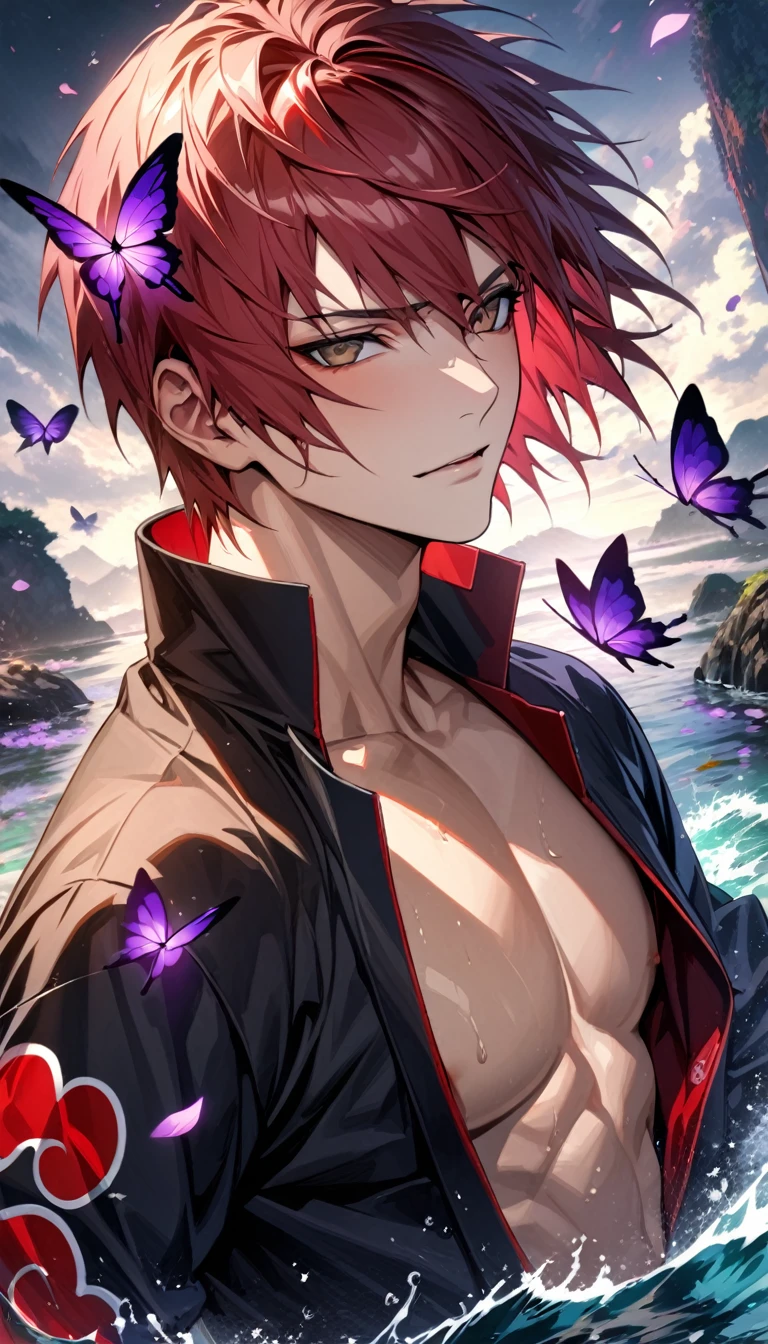 absurdres, highres, ultra detailed, HDR, master piece, best quality, Sasori, red hair, with bangs, short hair, expressive brown eyes, Naruto Shippuden, akatsuki, solo, sexy man, handsome, toned chest, black clothes, water, purple butterflies, purple flowers, petals