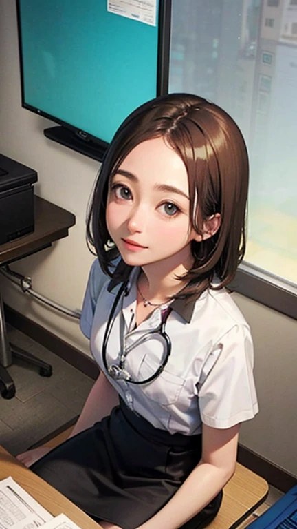 Only one female, Sitting, (From above), (Looking up at the viewer), (White) Stylish clothing, Mature Woman, /(Mid-length hair、Light brown hair、Blonde hair/) Beautiful forehead, A kind smile, (Masterpiece of the highest quality:1.2) Delicate illustrations, super detailed,  pantyhose, /(Wear a stethoscope around your neck/) break (Hospital examination room) indoor, Work Desk, (Radiograph), Detailed Background